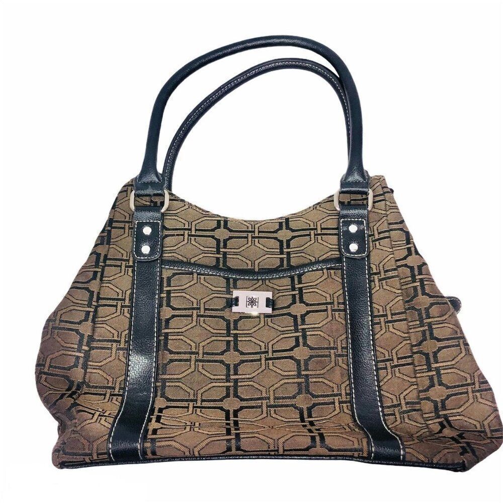Vintage Y2K Womens Shoulder Bag Tote Brown Black Pattern Leather Large